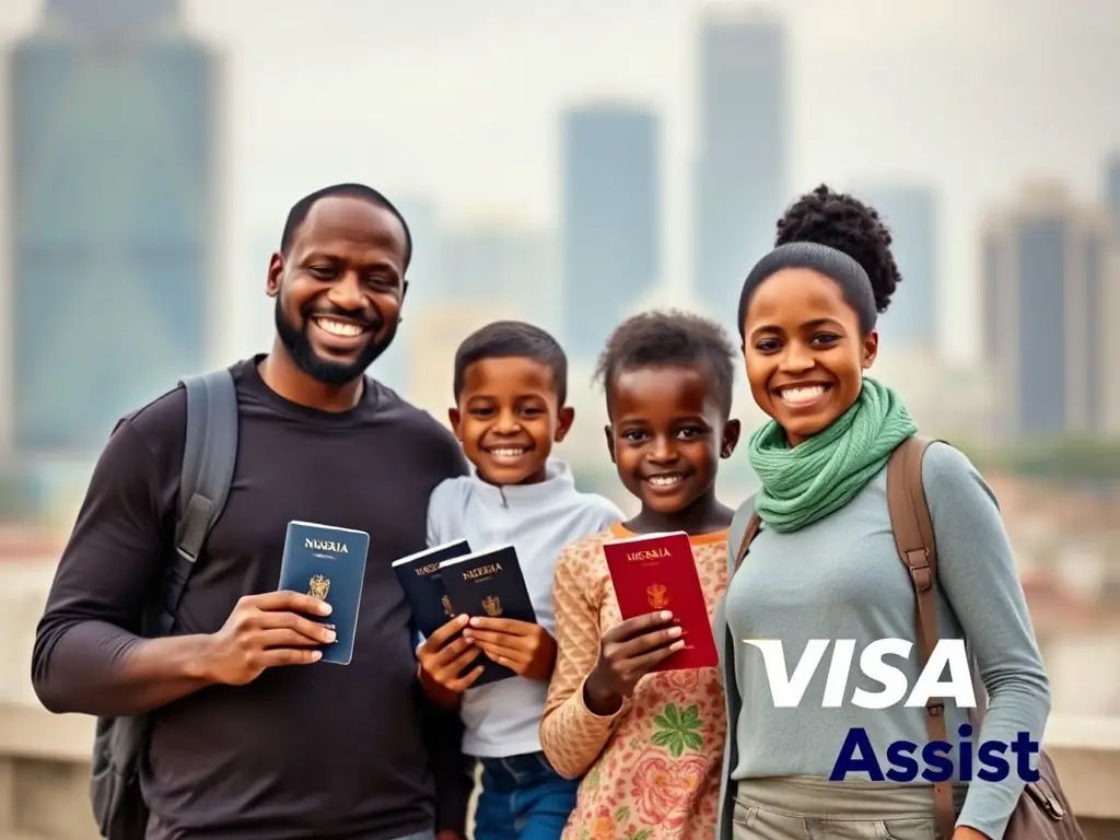 A Nigerian family happily receiving their visas, ready for their international trip, with the Visa Top Assist logo subtly displayed in the background.