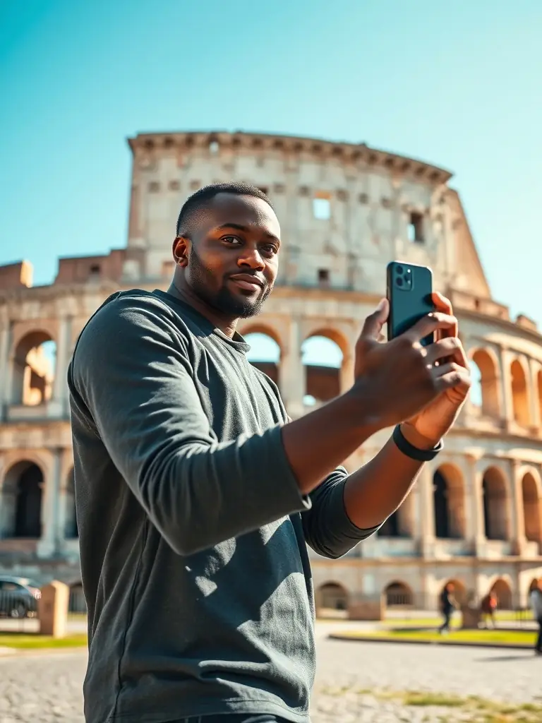A Nigerian tourist taking a photo in front of the Colosseum in Rome, Italy.