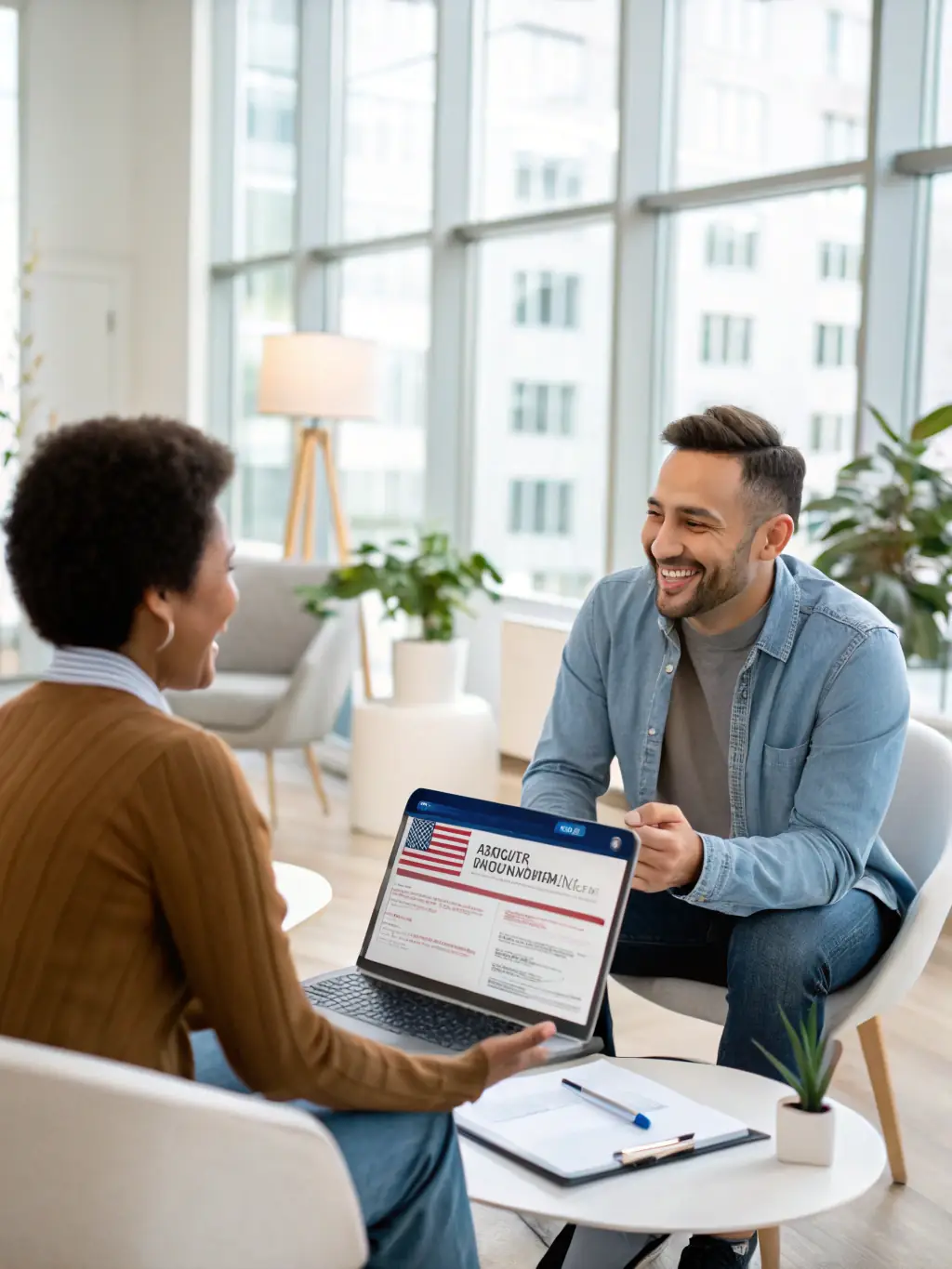 A friendly Visa Top Assist consultant assisting a client with their visa application documents, showcasing personalized support.