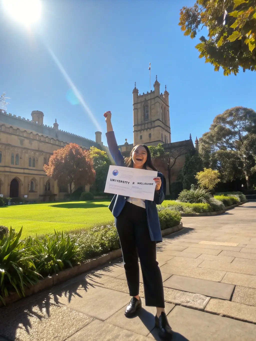 A Nigerian student smiling while holding an acceptance letter from a UK university, set against a backdrop of the university campus.